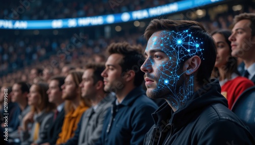 facial recognition AI analyzing emotions in a crowded stadium photo