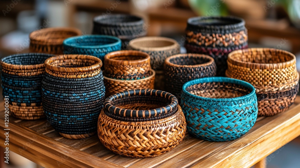 Collection of handcrafted woven baskets in various colors and patterns. Collection of handcrafted woven baskets in various colors and patterns.