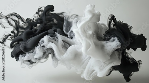 Black and white ink mixing in water, creating abstract forms.