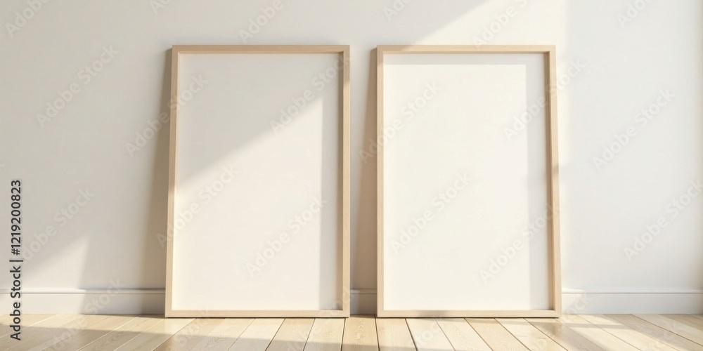 Fototapeta premium Two Blank Vertical Canvases in Light Wooden Frames Lean Against a White Wall in a Sunlit Room