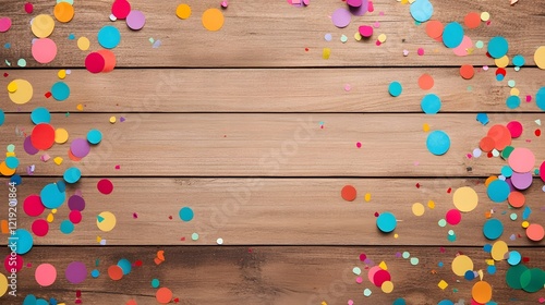 Vibrant Confetti Scattered on a Wooden Table for Festive and Parties photo