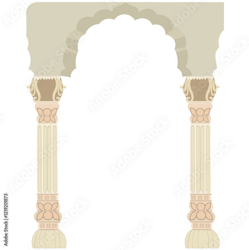 Traditional Mughal decorative arch gate with column,  Mughal Arch, Dome, Rajasthani Royal Palace, Mahal, Temple, Jharoka, Sketch, architecture, Indian wedding invite frame
