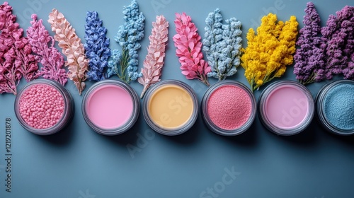 Colorful arrangement of paint cans and dried flowers on a blue background, showcasing artistic inspiration photo