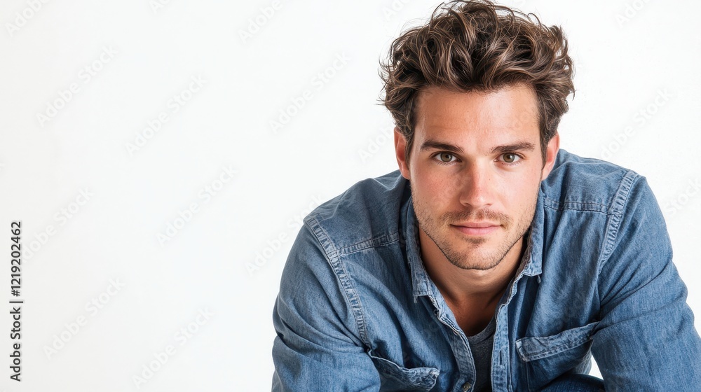 A young man in a casual blue shirt and denim jeans, leaning forward slightly with a relaxed expression on a white isolated background A young man in a casual blue shirt and denim jeans, leaning forward slightly with a relaxed expression on a white isolated background