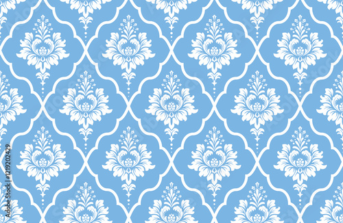 Wallpaper in the style of Baroque. Seamless vector background. White and blue floral ornament. Graphic pattern for fabric, wallpaper, packaging. Ornate Damask flower ornament