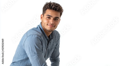 A young man in a casual blue shirt and denim jeans, leaning forward slightly with a relaxed expression on a white isolated background photo