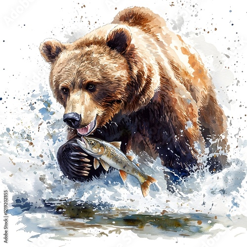 Bear catching fish in a river wildlife action scene nature environment dynamic perspective beautiful aquatic moment photo