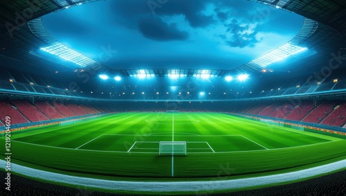 Football stadium, night scene, bright floodlights, vibrant green pitch, empty seats, curved architecture, dramatic sky, sports arena, illuminated field, panoramic view, soccer field markings, modern s photo