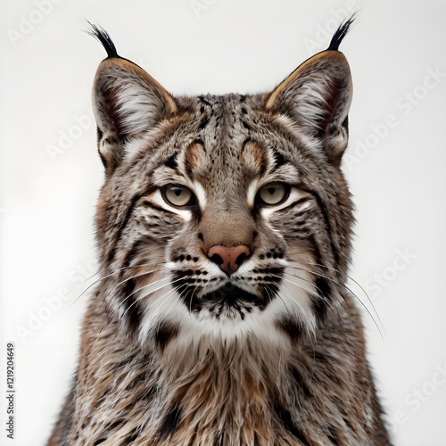 close-up portrait of a bobcat with tufted ears on a white background in stunning detail photo