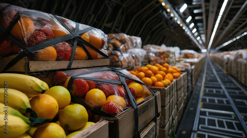 Crates of fresh strawberries, oranges, and bananas wrapped for airfreight, secured with straps inside a brightly lit cargo plane, emphasizing perishable goods logistics.