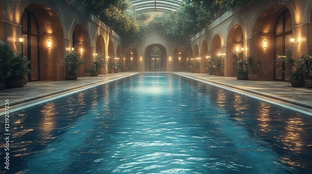 Obraz premium Indoor pool in a luxurious, arched hallway with lush greenery and soft lighting.