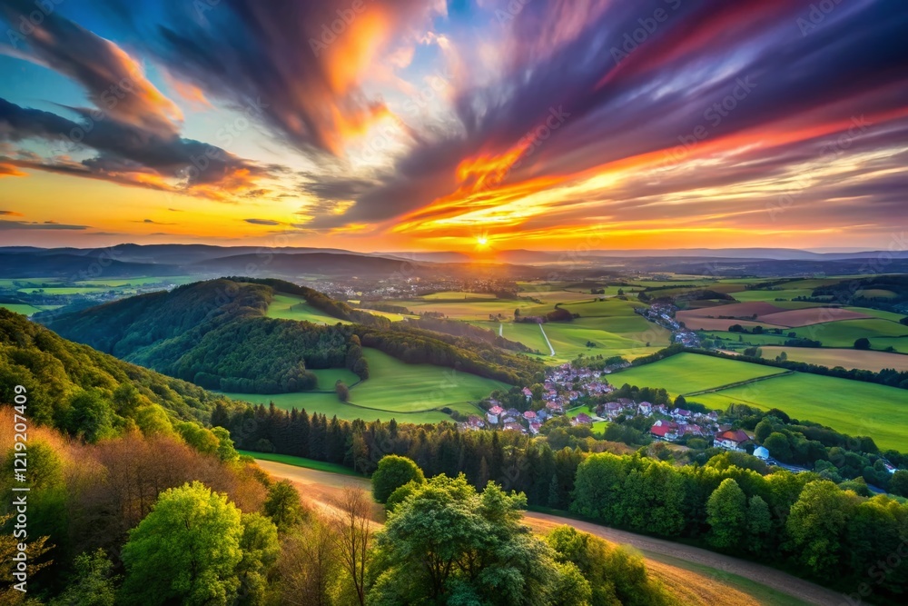 Obraz premium Panoramic Long Exposure View of Oestricher Burgberg at Sunset, Germany