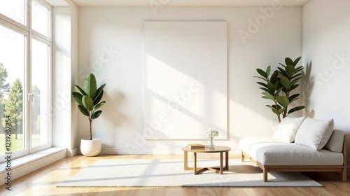Serene Minimalist Living Room with Sunlight Streaming Through Large Window and Blank Canvas