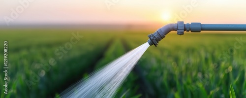 Watering crops with irrigation system at sunset