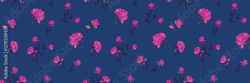 Abstract creative rosebuds, roses pattern on a dark blue background. Vector hand drawing. Stylized tiny branches flowers seamless print. Simple ornaments for designs, textile, surface design