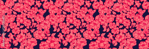 Artistic abstract seamless florals pattern on a dark background. Colorful red blooming meadow print. Vector hand drawing stylized peonies, rose. Ornament for designs, textile, fashion, fabric