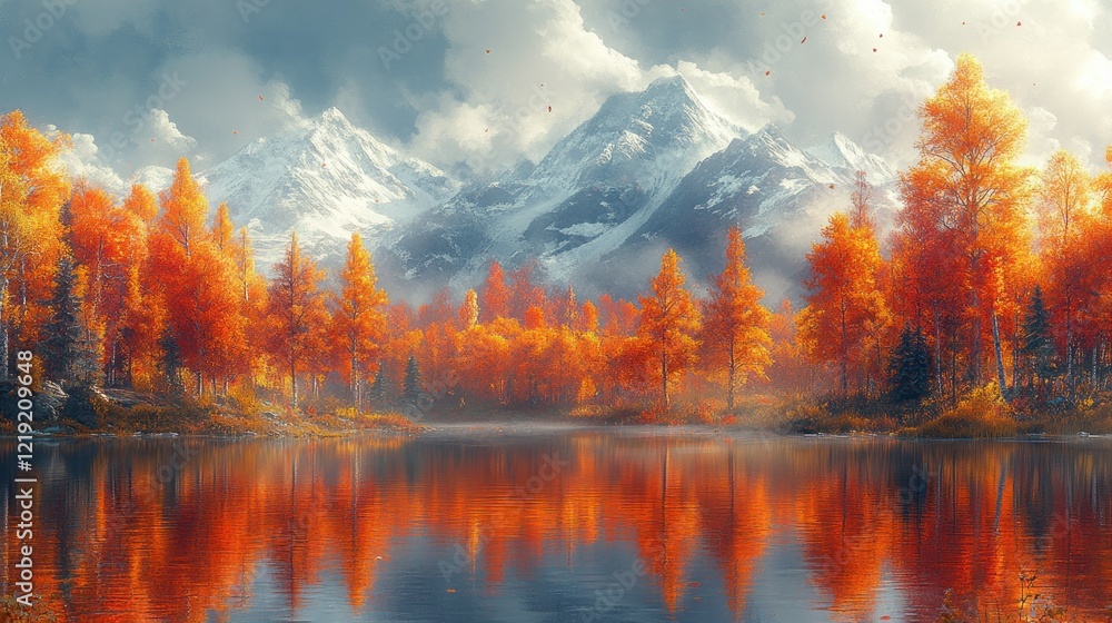 Fototapeta premium Autumnal lake, mountain reflection, falling leaves, peaceful scene, nature
