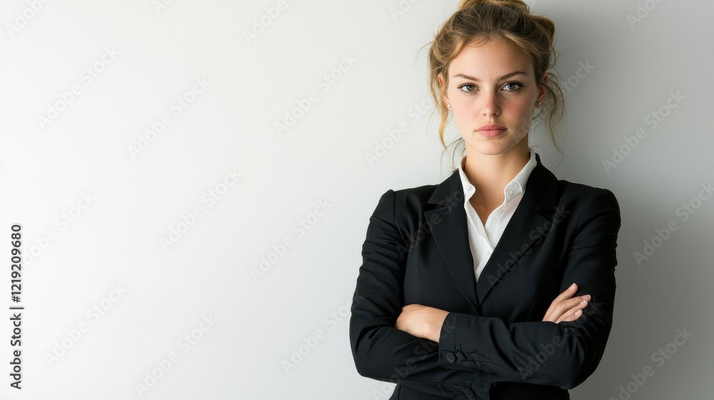 A young woman standing confidently with arms crossed, wearing business attire, on a white isolated background A young woman standing confidently with arms crossed, wearing business attire, on a white isolated background
