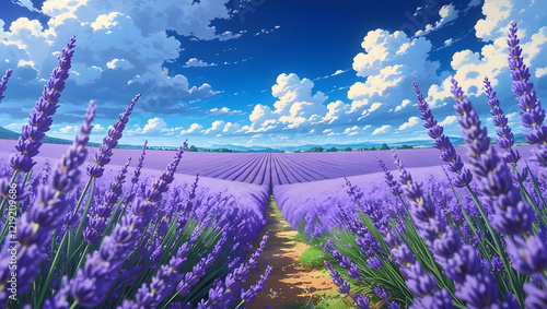 A breathtaking field of lavender stretches towards a vibrant blue sky dotted with fluffy white clouds. The scene evokes a sense of tranquility, beauty, and the sweet scent of lavender.