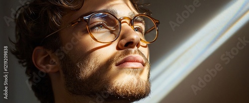 Young man with glasses, sunlight on face.