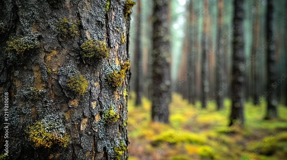 Mossy pine tree bark close-up, forest background, nature texture, environmental use
