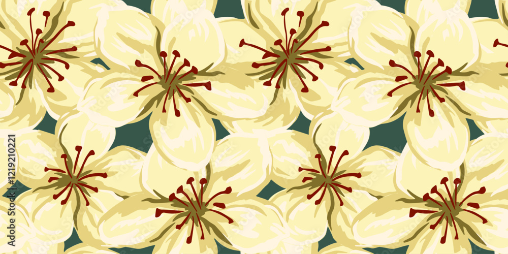 Fototapeta premium Blooming large flowers pattern. Abstract artistic florals seamless printing on a green background. Vector hand drawn. Painted ornament for designs, fabric, textiles,