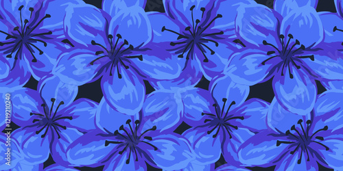 Blooming large flowers pattern. Abstract artistic blue florals seamless printing. Vector hand drawn. Painted ornament for designs, fabric, textiles,