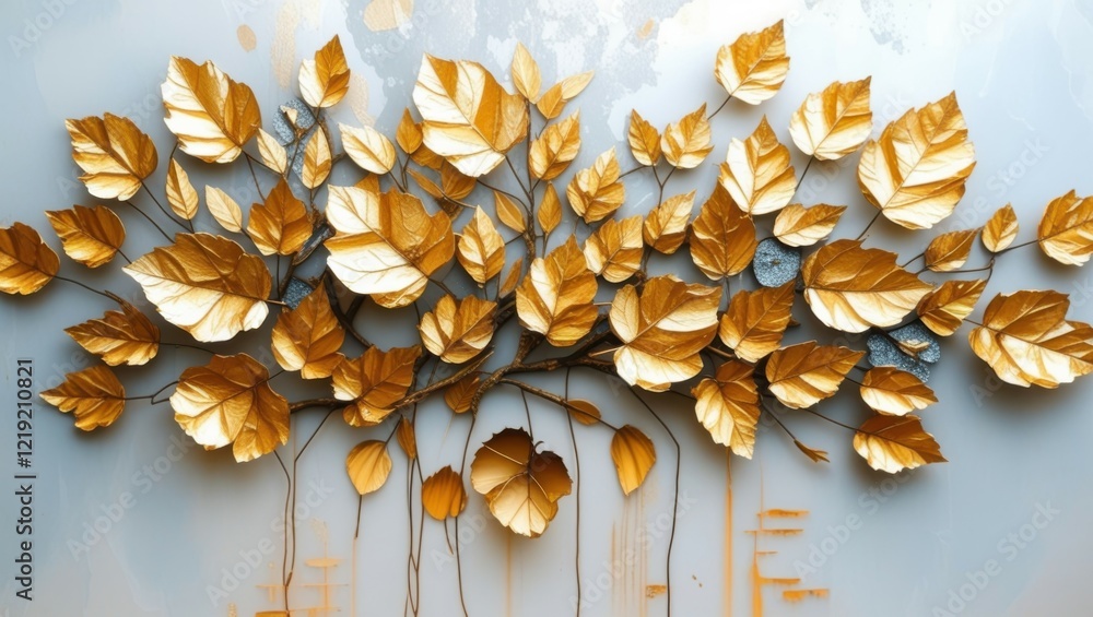 Golden leaves arrangement, metallic foliage, botanical art, wall decor, shimmering gold, nature-inspired sculpture, textured background, 3D paper craft, elegant composition, autumn motif, minimalist d Golden leaves arrangement, metallic foliage, botanical art, wall decor, shimmering gold, nature-inspired sculpture, textured background, 3D paper craft, elegant composition, autumn motif, minimalist d