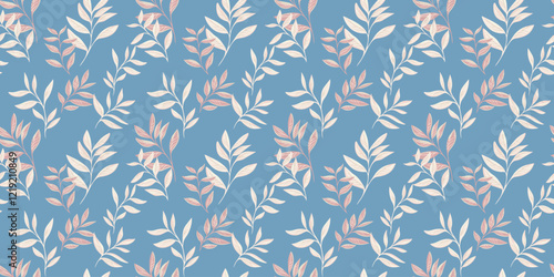Abstract artistic branches leaves seamless pattern on a blue background. Stylized leaf stems print. Vector drawing illustration. Nature ornament for textiles, fabric, wallpaper