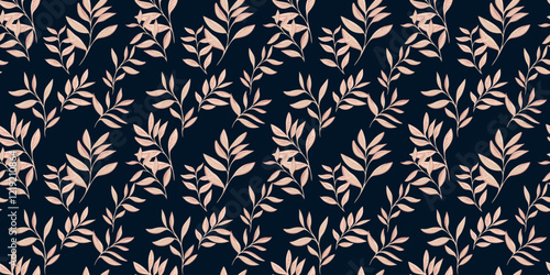 Elegant seamless pattern with abstract artistic branches leaves on a black background. Stylized leaf stems print. Vector drawing illustration. Nature ornament for textiles, fabric, wallpaper