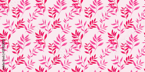 Abstract artistic branches leaves seamless pattern. Pink leaf stems print. Vector drawing illustration. Nature ornament for textiles, fabric, wallpaper