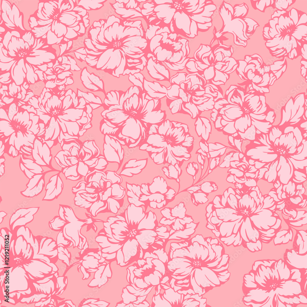 Pink monotone pattern with blooming meadow. Abstract artistic florals seamless print on pastel background. Vector hand drawing stylized peonies, rose. Ornament for fabric designs, textile, fashion Pink monotone pattern with blooming meadow. Abstract artistic florals seamless print on pastel background. Vector hand drawing stylized peonies, rose. Ornament for fabric designs, textile, fashion