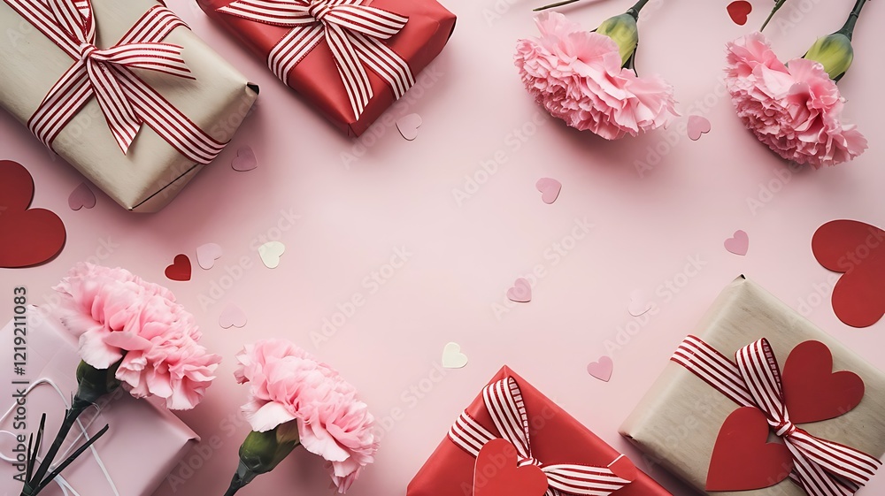 Valentine's day flatlay, gift boxes wrapped in red and beige paper, pink carnations, red paper hearts, pink background, romantic composition, soft lighting, overhead view, pastel colors, delicate arra Valentine's day flatlay, gift boxes wrapped in red and beige paper, pink carnations, red paper hearts, pink background, romantic composition, soft lighting, overhead view, pastel colors, delicate arra