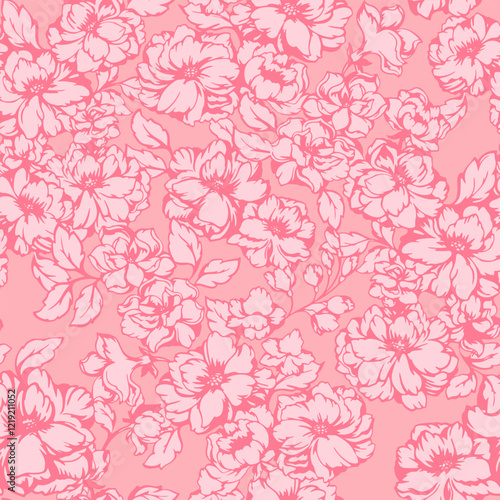 Pink monotone pattern with blooming meadow. Abstract artistic florals seamless print on pastel background. Vector hand drawing stylized peonies, rose. Ornament for fabric designs, textile, fashion