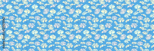 Abstract stylized shapes flowers pattern on a blue background. Creative unique meadow seamless print. Vector hand drawn. Summer simple ornament texture