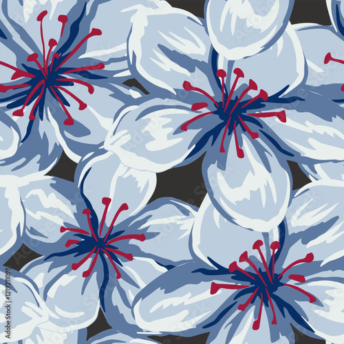 Blooming painted large flowers seamless pattern. Abstract artistic florals printing. Vector hand drawn. Blue botanicals illustration. Ornament for designs, cover, fabric, textiles
