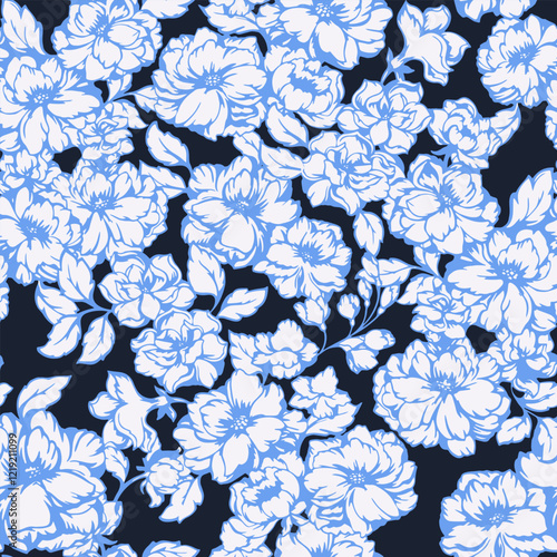 Abstract artistic  seamless floral pattern. Blue blooming meadow print on black background. Vector hand drawing stylized peonies, rose. Nature ornament for designs, textile, fashion, design fabric