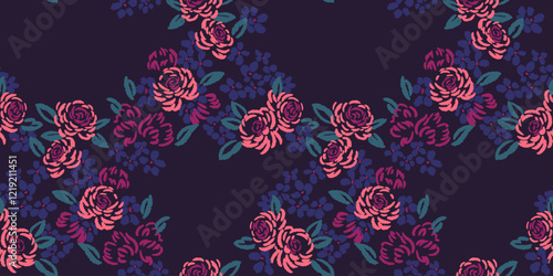 Abstract, artistic shapes rose flowers intertwined in a seamless pattern. Blooming brush floral print. Vector hand drawn sketch. Nature ornament