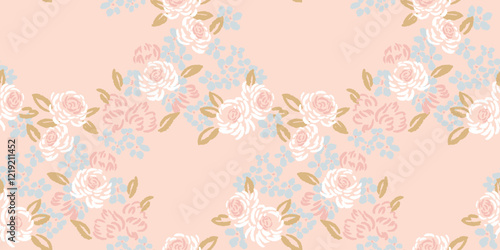 Abstract, artistic shapes rose flowers intertwined in a seamless pattern on a pastel background. Blooming brush floral print. Vector hand drawn sketch. Nature ornament