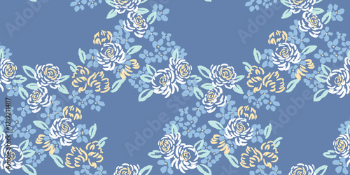 Abstract, artistic shapes rose flowers intertwined in a seamless pattern on a blue background. Blooming floral print. Vector hand drawn sketch. Nature ornament