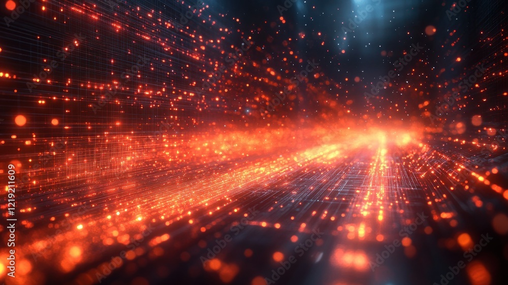 Fototapeta premium Glowing particles stream, digital tunnel, dark background, futuristic design