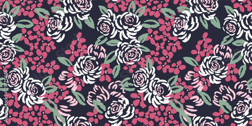 Blossoms seamless pattern with abstract, artistic shapes rose flowers, leaves, buds.  Vector hand drawn sketch. Colorful floral brush ornament on a black background.