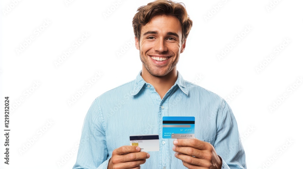 A man holding a credit card and smartphone, smiling and shopping online, on a white isolated background A man holding a credit card and smartphone, smiling and shopping online, on a white isolated background