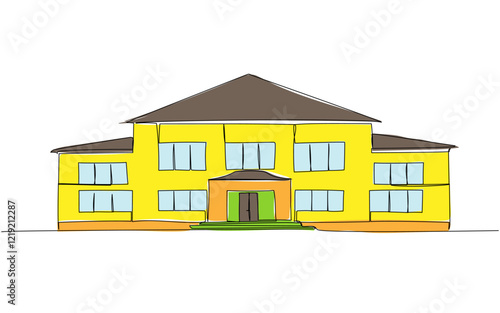 School building, kindergarten, university, college building one line color art. Continuous line drawing of online learning, education, knowledge, school furniture