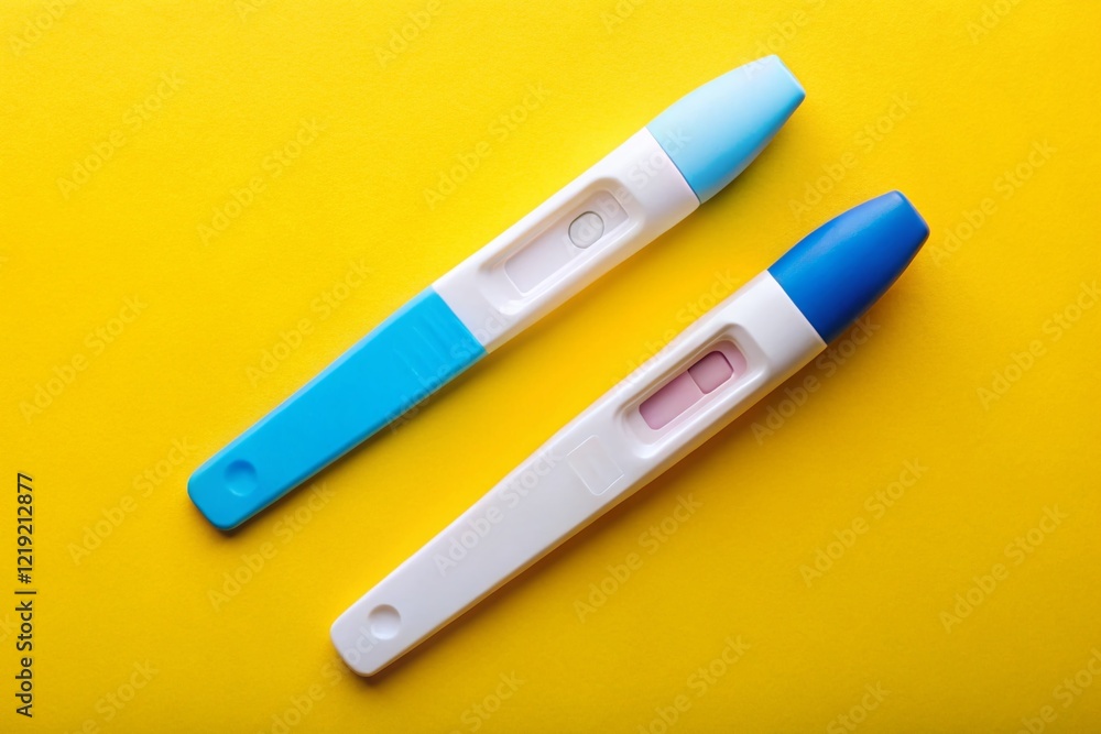Panoramic Pregnancy Test Results: Positive & Negative on Blue & Yellow Backgrounds Panoramic Pregnancy Test Results: Positive & Negative on Blue & Yellow Backgrounds
