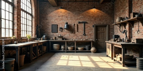 Wallpaper Mural Rustic Industrial Workshop with Aged Brick Walls, Sunlit Windows, and Wooden Workbenches Filled with Earthenware and Tools Torontodigital.ca