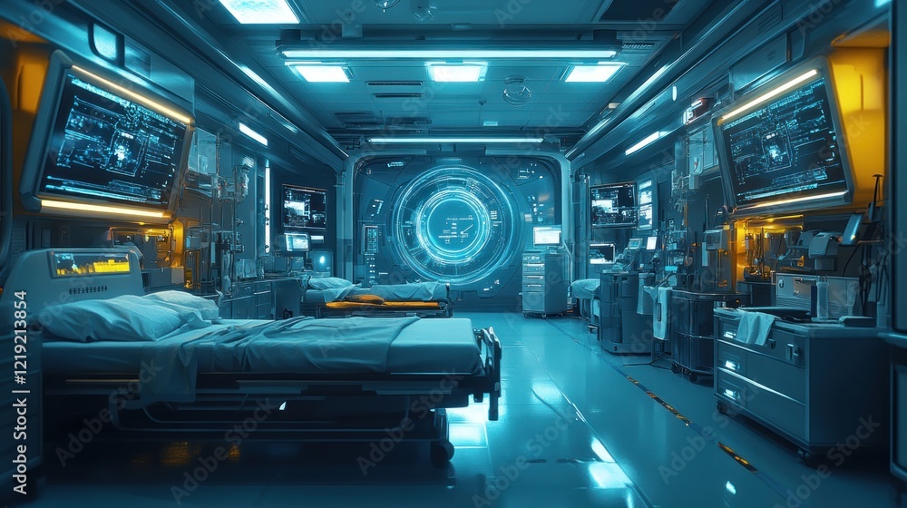 Obraz premium Futuristic hospital ward with two beds and advanced medical technology.
