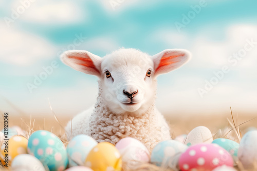 A fluffy lamb enjoys a peaceful moment lying in a grassy field, surrounded by vibrant Easter eggs. Soft clouds drift gently in the background, enhancing the serene atmosphere