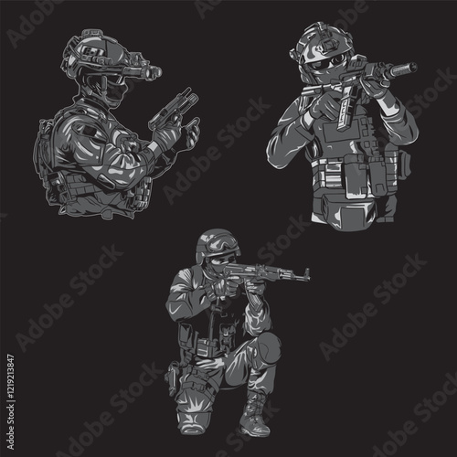 set of special army soldier vector illustration with grey and white color in many different pose