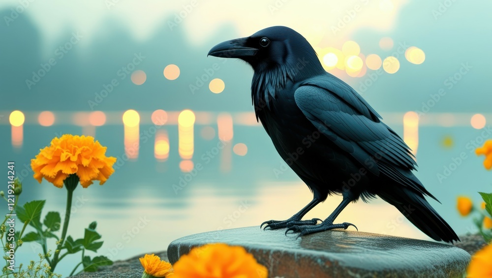 Fototapeta premium Dark raven, perched, marigold flowers, bokeh lights, reflective water surface, teal and orange color palette, moody atmosphere, cinematic lighting, high detail, 4k resolution, digital art 